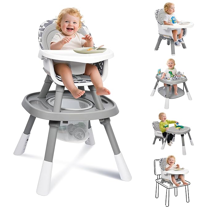 15 in 1 Convertiable High Chair for Babies and Toddlers, 2 in 1 Highchair & Activity Center w/Toys, Booster Seat, Toddler Chair w/5-Point Harness & Removable Tray & 2-Layer Cusion (Grey)