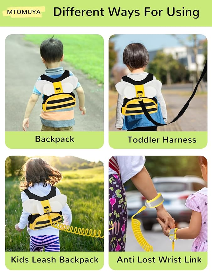 Toddler Harness with Anti Lost Wrist Link - 3-in-1 Baby Safety Leash Backpack, Adjustable Kids Walking Belt with Pocket,Child Locking Wristband for Boys & Girls for Outdoor Travel, Yellow Bee