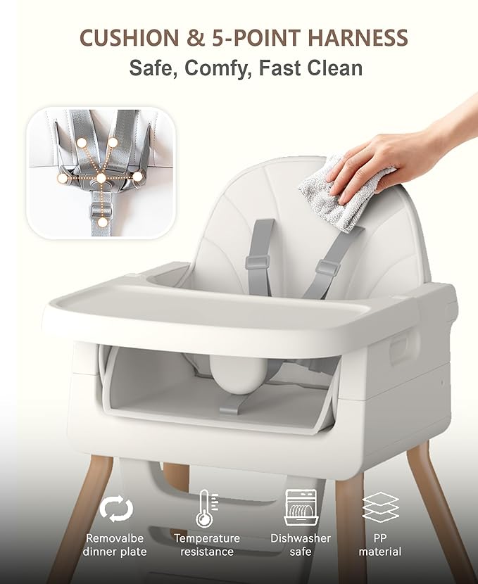 Baby High Chair for 6 Months+, Foldable High Chairs for Babies and Toddlers, Convertible Toddler Chair, Adjustable Tray & Footrest, Lightweight, Stable & Easy to Clean(White with Wood Grain)