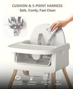 Baby High Chair for 6 Months+, Foldable High Chairs for Babies and Toddlers, Convertible Toddler Chair, Adjustable Tray & Footrest, Lightweight, Stable & Easy to Clean(White with Wood Grain)