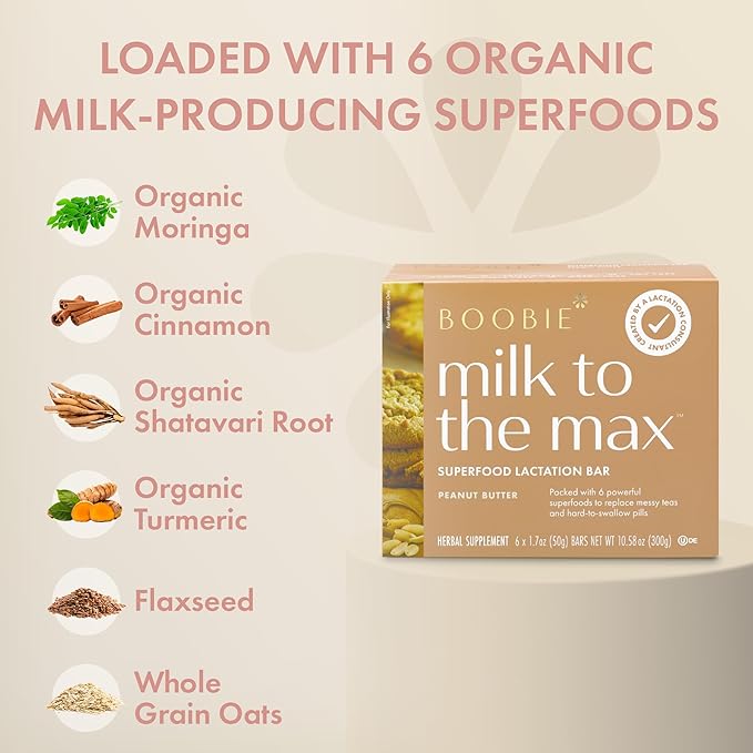 Boobie Bar Superfood Peanut Butter Lactation Bar for Breastfeeding Moms to Increase Milk Supply | #1 Selling Lactation Snack Bars | Vegan, Fenugreek-Free, Gluten-Free, Dairy-Free (6 Bars)