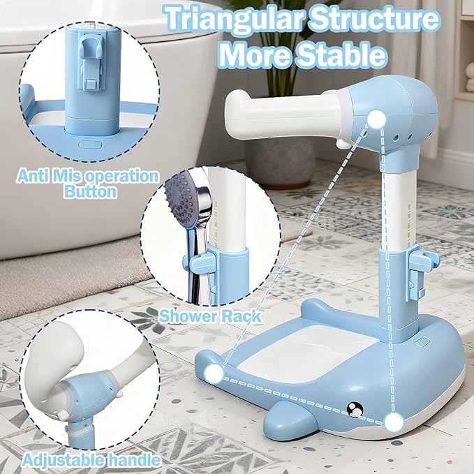 Baby Shower Stand Foldable Toddler Shower Standing Support with Anti-Slip Base Adjustable Infants Bath Support for 8-36 Months Portable Bath Helper (Upgraded-Whale)