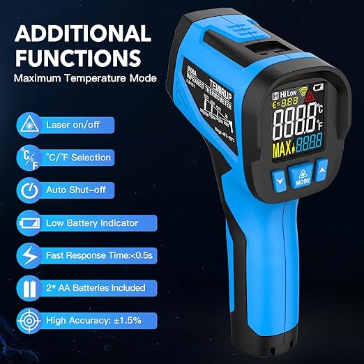 Infrared Thermometer Temperature Gun - TEMIRUP Non-Contact Digital Laser Thermometer Temp Gun with Thermocouple Probe for Industrial, Cooking, Griddle, Engine, HVAC, Adjustable Emissivity,-40℉~1202℉
