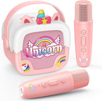 Mini Karaoke Machine for Kids Girls: Unicorn Portable Bluetooth Speakers with 2 Wireless Mic Birthday Gifts for 5 6 7 8 9 10 11 Years Teens Toys for Girls Age 4-6 7 8 9 Years Old Girl Gifts Pink