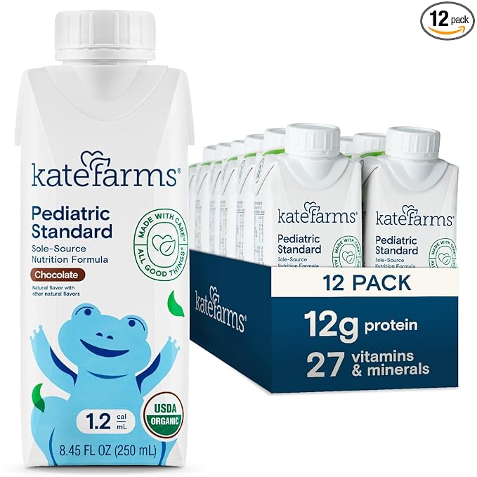 KATE FARMS Organic Pediatric 1.2 High Calorie Chocolate Nutrition Shake, 12g Protein, 27 Vitamins and Minerals, Meal Replacement, 8.45 oz (12 pack)