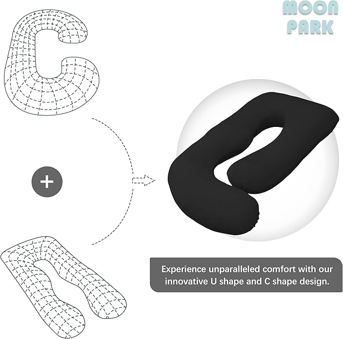 MOON PARK Pregnancy Pillows for Sleeping - U Shaped Full Body Maternity Pillow with Removable Cover - Support for Back, Legs, Belly, HIPS - 65 Inch - Black