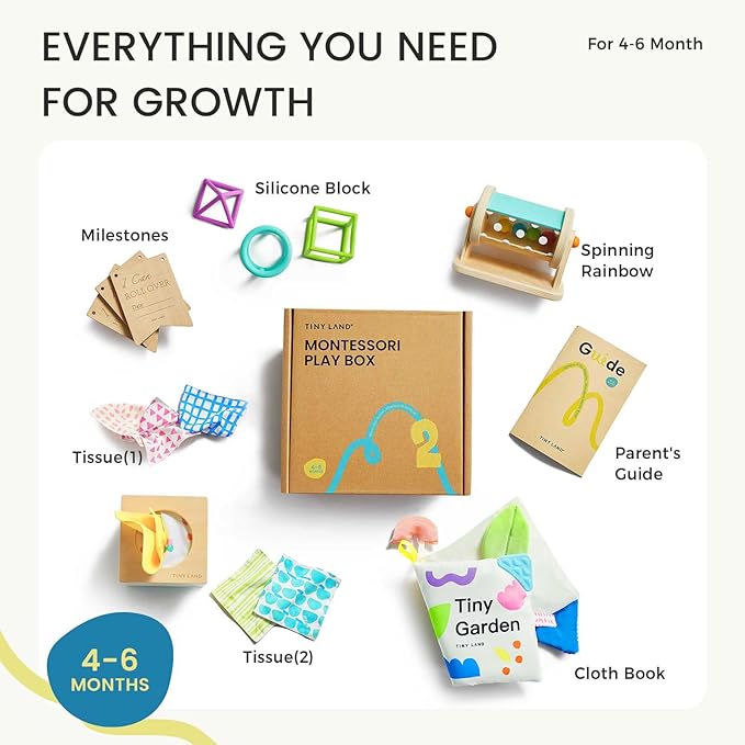Tiny Land Montessori Baby Toy Set 4-6 Months – Early Learning Motor Skills Development Kit with 4-in-1 Soft Cloth Book, Spinning Rainbow Toy, Silicone Blocks and Baby Tissue Box