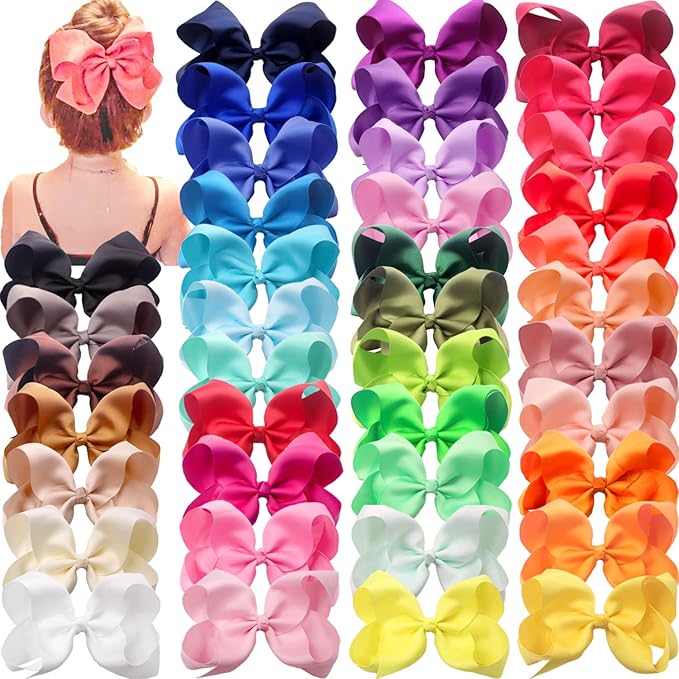 CÉLLOT 40 Pieces 6 Inch Hair Bows for Girls Clips Grosgrain Ribbon Boutique Hair Bow Alligator Clips For Girls Teens Toddlers Kids