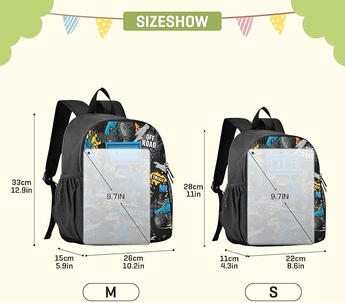 Toddler Monster Truck Waterproof Mini Backpack, 11 Inch, Pattern 4, Black, Small