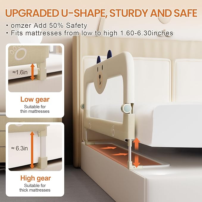 omzer Bed Guard Rail for Toddlers - 32'' Swing Down & Height Adjustable Bed Rail for Toddlers Baby Bed Rail Guard for Twin, Queen, King, Full Size