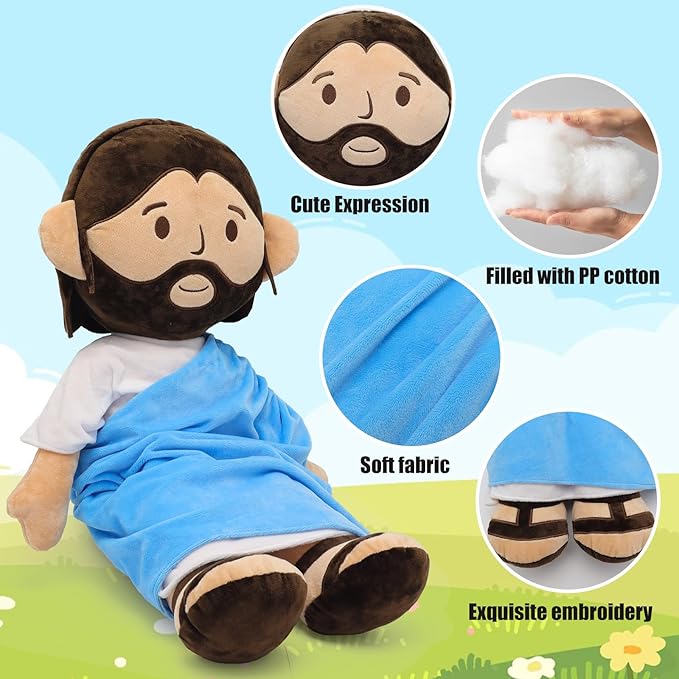 25.6inch Brown Jesus Plush Doll Guardian Baptism Stuffed Plushie Savior Toy Gifts for Church Sunday School Religious Easter Gift (BLUE/25.6inch)