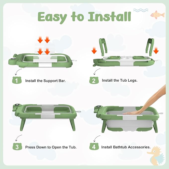 Collapsible Baby Bathtub for Newborn to Toddler (0-24 Months), Portable Baby Bath Tub for Travel, Newborn Bathtub with Soft and Supportive Cushion (Astronaut-Green)