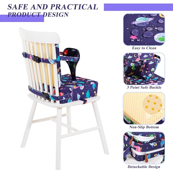 Toddler Booster Seat for Dining Table, Dinosaur Booster Seat for Table with Backrest and Adjustable Seat Belts Non-Slip Bottom Portable Booster Seat Increasing Cushion for Kid Baby Eating Travel Home