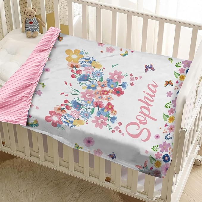 Personalized Baby Blankets for Girls, Custom Name Pink Butterfly Pattern Baby Blanket, Soft Minky Dot Blanket for Newborns and Toddlers, Ideal for Baby Showers Christmas Brithday Gifts