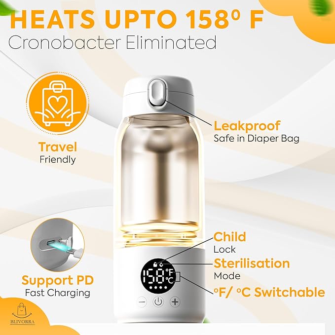 Portable Bottle Warmer for Travel – 17oz Large Capacity, Dual Heating Modes for Breast Milk & Water, Fast Heating, Long Battery Life – Smart Baby Bottle Warmer for Outdoor & New Mom Gift