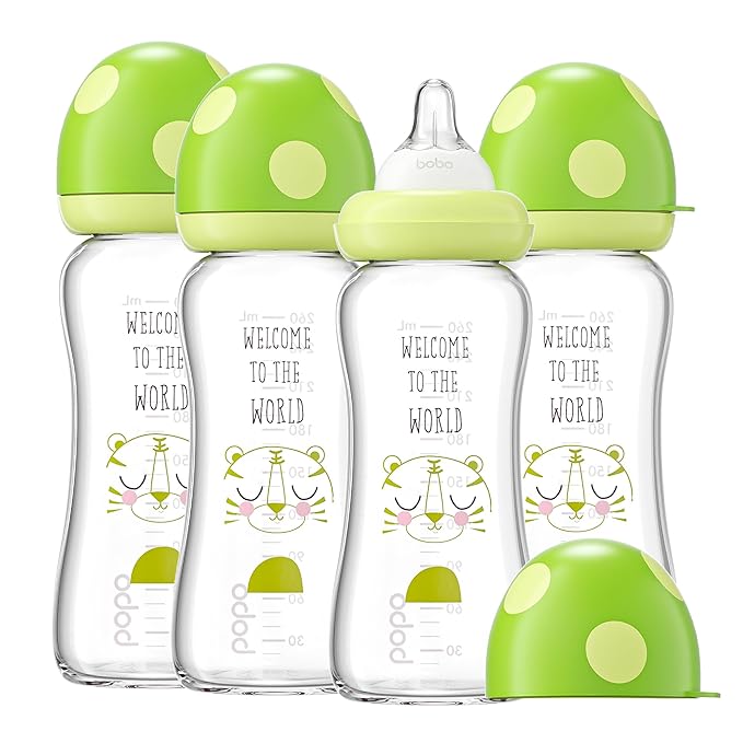 YOHKOH Natural Glass Baby Bottle with Natural Response Nipple, Newborn Anti-Colic Baby Bottles, Wide Neck Mushroom Cap Baby Bottle, Clear (8.8ounce (Pack of 4), Green1)