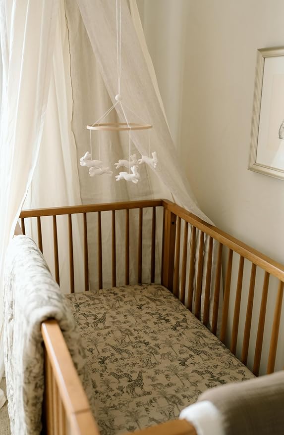 Oilo Crib Sheet, Breathable, Fitted, Organic Cotton Jersey, 300-Thread, Machine Wash, Fits Standard Crib (28" x 52" x 6"), Toddler Bedding, Heirloom Organic Collection, Vintage Safari