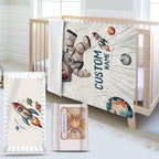 Personalized Baby Crib Bedding Set – Astronaut Rocket Theme Nursery Bedding Sets 3 Piece with Custom Name Blanket, Fitted Crib Sheet & Changing Pad Cover – Ideal Newborn Gift for Boys