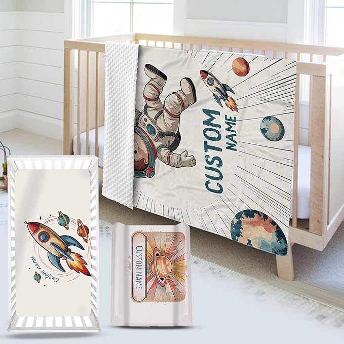 Personalized Baby Crib Bedding Set – Astronaut Rocket Theme Nursery Bedding Sets 3 Piece with Custom Name Blanket, Fitted Crib Sheet & Changing Pad Cover – Ideal Newborn Gift for Boys