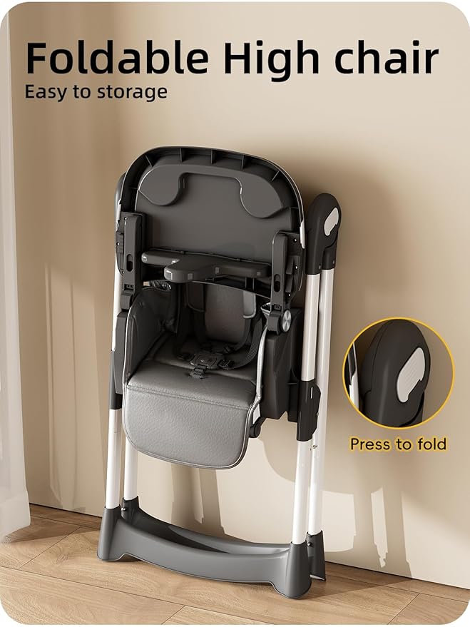 High Chair, Foldable High Chairs for Babies and Toddlers with Removable Tray, Height Adjustable Feeding Chair, Adjustable Backrest and Footrest, Black