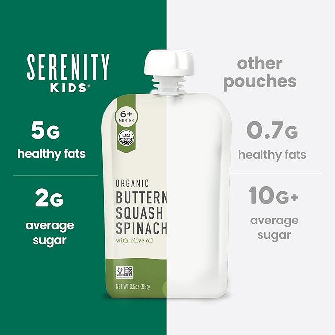 Serenity Kids 6+ Months Veggie Puree Baby Food Pouches - USDA Organic No Added Sugar - Butternut Squash & Spinach Blend - BPA & Allergen Free - 3.5 Oz, 6 Pack