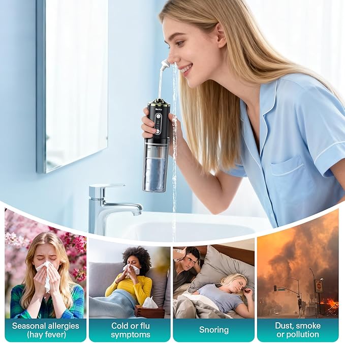 Electric Nasal Irrigation System Nasal Rinse and Wash, Cordless Foldable Neti Pot Sinus Rinse Decongestant Relief System IPX7 Waterproof with 60 Saline Packets, Snoring Remedy (Black)