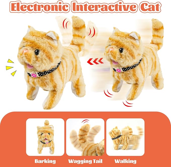 Walking Cat Toy for Kids with Backpack,Electronic Pet Puppy W/Walking&Barking,Interactive Plush Stuffed Toys,Puppy Pet Care Gifts for Girls Boys Toddlers 3 4 5 Year Old Boys