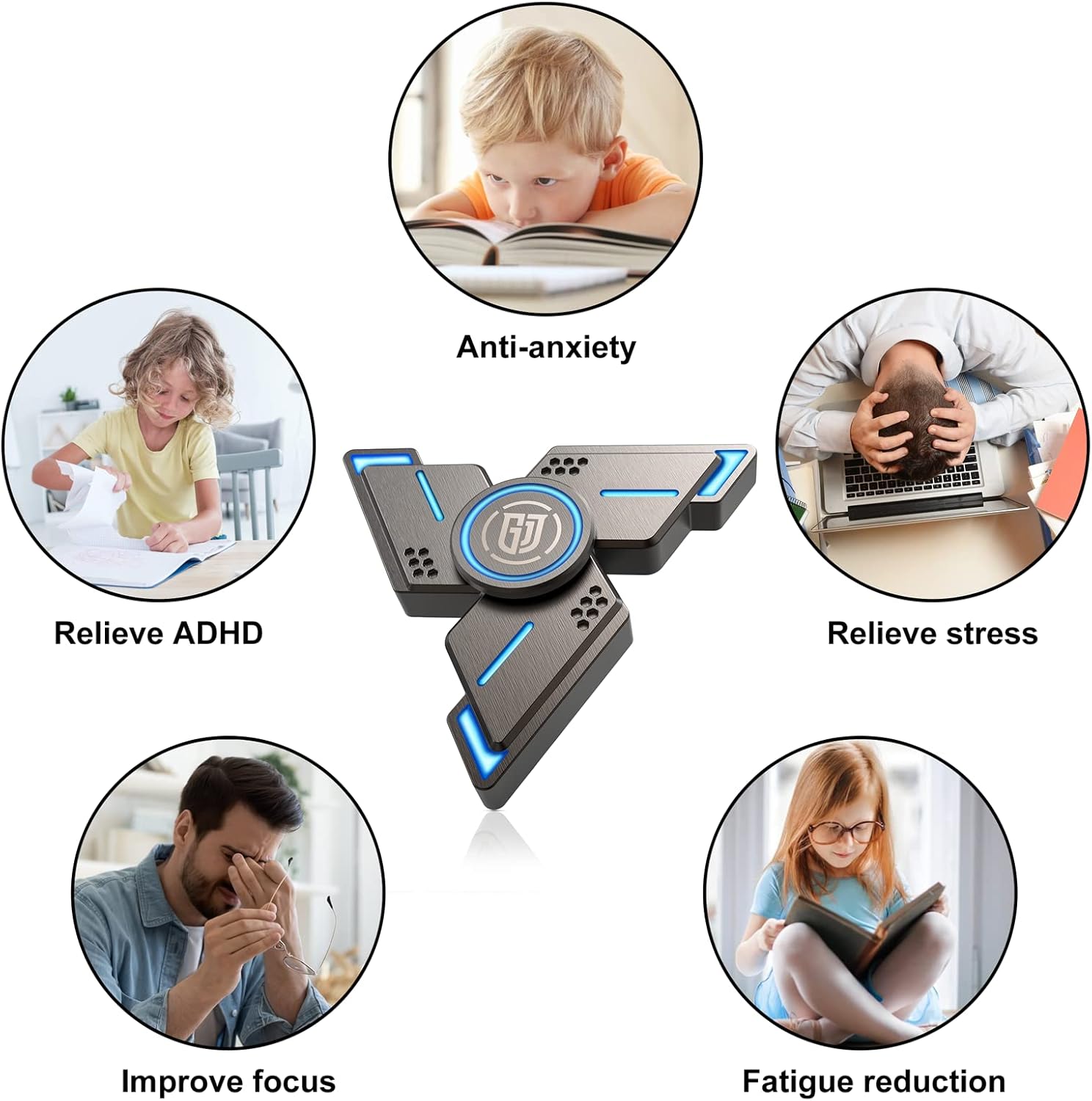 ATESSON Fidget Spinners Toy,3 to 5 min Spins,Gray Metal with Blue Luminous High Speed Bearing, Metal Material Hand Spinner,Stress Relief Anxiety Boredom Desk Toys for Adults and Kids