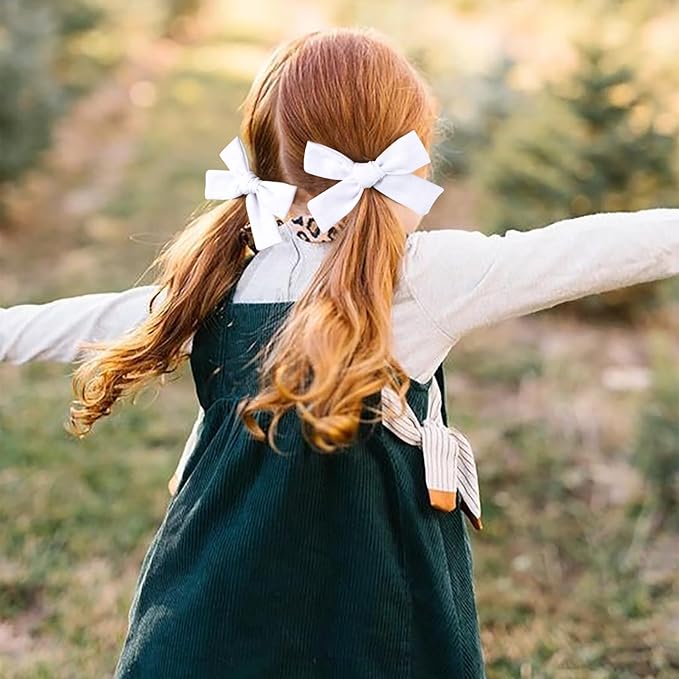 DEEKA 4 PCS White Cotton Linen Hair Bows 3 Styles 5" & 4" Handmade Hair Bow set for Toddler Girls Alligator Hair Clips Knot Bows Hair Accessories for Little School Girls (White)