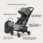 Mompush Velo Lightweight Travel Stroller – One-Hand Fold, Ultra-Compact & Airplane Friendly, Lie-Flat Recline Seat (from Birth to 50 lbs), Includes Cup Holder, Shoulder Strap, and Leather Bumper Bar