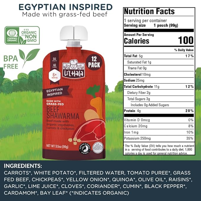 Li’l Hala Baby Food Pouches – Grass-Fed Beef Shawarma & Organic Veggies – Toddler Puree with Meat – High Protein, Healthy Fats – BPA-Free – No Sugar or Hormones – 6+ Months – 3.5 oz (12 Pack)