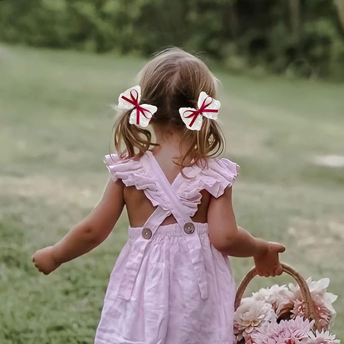 2pcs Lace Hair Bows for Girls, White Lace with Burgundy Hair Ribbons, Alligator Bow Hair Clips, Handmade Hair Accessories for Girls