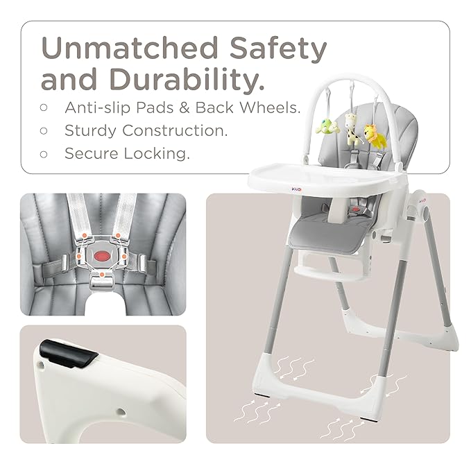 KÜB 3-in-1 Foldable Baby High Chair, 7 Height & 4 Recline Adjustable Seat & Tray for Easy Clean, 2 Locking Wheels, Multifunctional Infant High Chairs for Babies and Toddlers (Grey, with Toys)