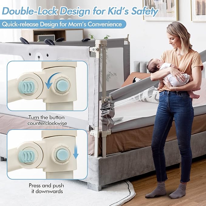 BABY JOY Bed Rail for Toddlers, 77’’ Extra Long, Height Adjustable & Folding Baby Bed Rail Guard w/Breathable Mesh & Double Safety Child Lock for Kids Twin Double Full Size Queen King Mattress (Gray)