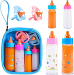 SCOM Baby Doll Bottle Accessories - 6 Pcs Feeding Bottle Toys, Magic Disappearing Milk & Juice, Pretend Play Set with Pacifiers Kids Gift Blue