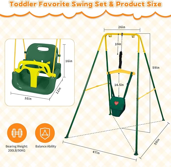 4-in-1 Toddler Swing Set & Baby Jumper and Bouncer for Toddlers, Foldable Baby Swing Stand for Outdoor Indoor Play, Easy to Assemble and Store for Ages 6 Months to 10 Years Old (Dark Green)