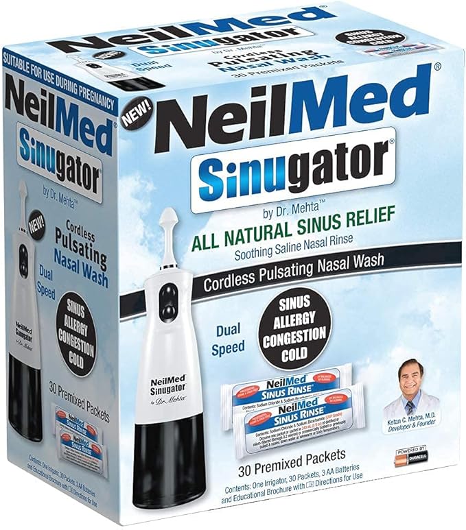 NeilMed Sinugator Cordless Pulsating Nasal Irrigator (Dual Speed) with 30 Premixed Packets and 3 AA Batteries - Black (Pack of 1)