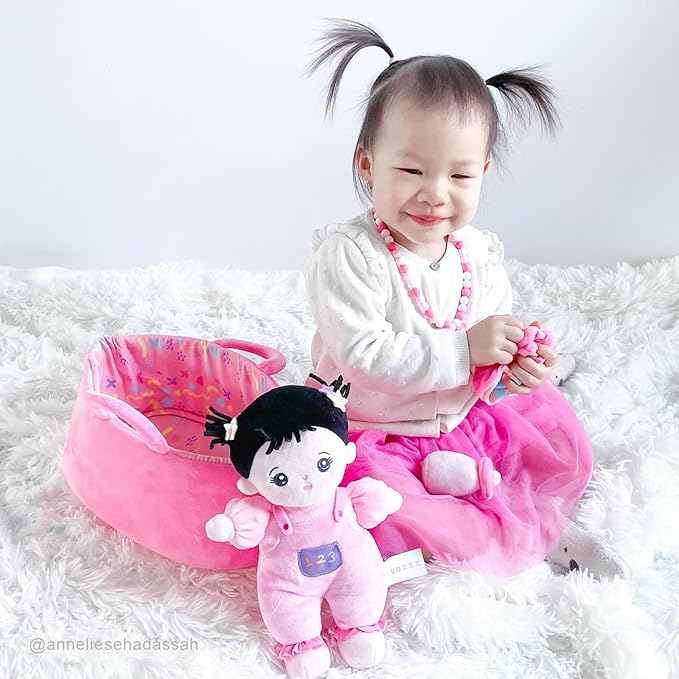 OUOZZZ 10" Soft Baby Doll Set with Plush Doll, Bassinet, Blanket and Bottle, Pretend Playset for Emotional Social Education Asian Doll for 2 Year Olds Girls Christmas Birthday Gift