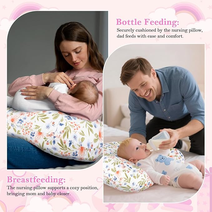 Nursing Pillow - Breastfeeding Pillow with Breathable Filling & Removable Cover, Ergonomic Support for Breastfeeding & Bottle (Green Leaf,0-18 Months)