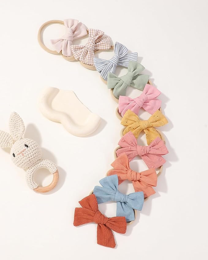 doboi 10PCS Baby Girls Headbands Hair Bows Nylon Cotton Linen Hairbands Handmade Hair Accessories for Newborn Infant Toddlers Little Girl and Kids 3.5Inches