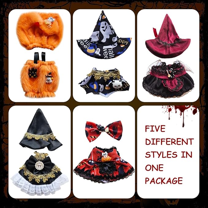 5 Complete Style Clothes Sets for 17cm Dolls - Hat & Overalls Dress Up Outfit for 17cm 15cm Dolls,Designer Outfits Bundle with Luxury/Cute/Sporty Themes, Gift for Doll Lovers (Halloween, 17cm/15cm)
