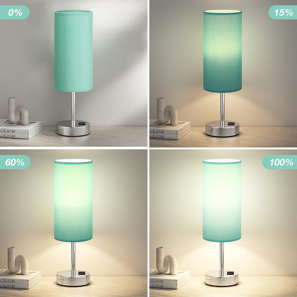 Teal Touch Bedside Lamps for Bedroom - Small Coastal Nightstand Lamp with USB-C and USB A Charging Ports, 3 Way Dimmable Control Table Lamp for Office, Dorm with Fabric Shade Silver Base