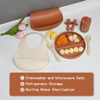 Silicone Baby Feeding Set, Baby Led Weaning Supplies, Baby Spoons Suction Divided Plate Bib Cup, First Stage Solid Food Eating Utensils - 6+ Months(Orange-Beige)