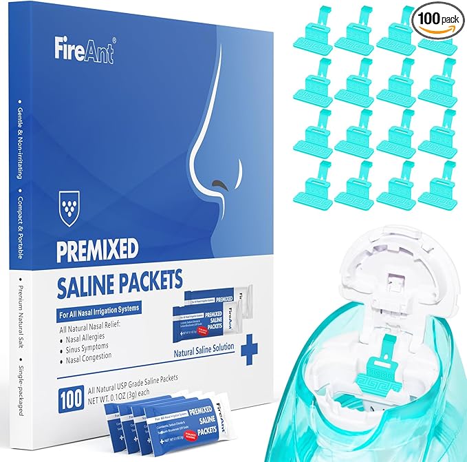 FireAnt 100 Saline Packets and 16 Pack Silicone Saline Pods Refills Set, Compatible with Navage Nasal Care — Includes 100 Count Salt Packets Sinus Rinse + 16 Reusable Salt Pads in Blue