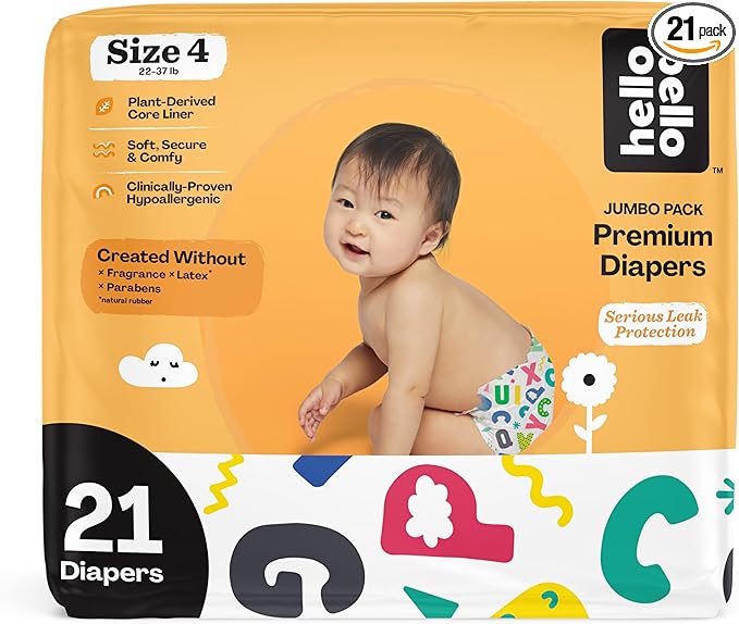 Hello Bello Premium Baby Diapers Size 4, 21 Count of Disposable, Extra-Absorbent, Hypoallergenic Baby Diapers with Snug and Comfort Fit, Alphabet Soup