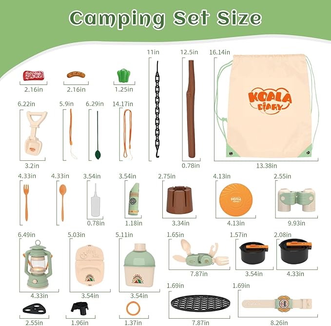 Kids Camping Toys Set - Pretend Play Camping Set with Food Toy, Spray Stove, Oil Lantern, Binoculars, Compass, Tableware, Watch & Storage Bag, Birthday for Ages 3+