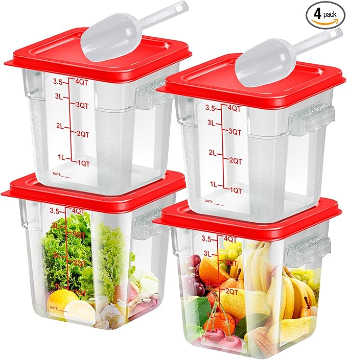 4 pcs 4qt Food Storage Containers with Lid, Square Clear Commercial Food Storage Containers with Handle and Scale for Food Storage in Home Kitchen & Dining (Red)