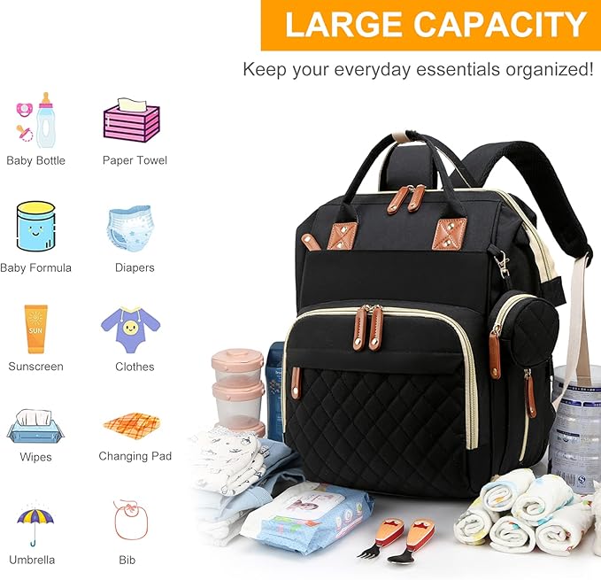 Diaper Bag with Changing Station, Waterproof 3 in 1 Baby Diaper Backpack with Foldable Changing Pad, Large Travel Back Pack for Baby Girl Boy, Baby essentials, Black