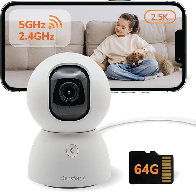 Sensforge 2.5K Indoor Pan-Tilt Dome Security Camera, AI Human & Pet Detection, 360° Coverage, Two-Way Audio, Dual-Band Wi-Fi (2.4G/5G), 64GB SD Card Included, No Monthly Fees