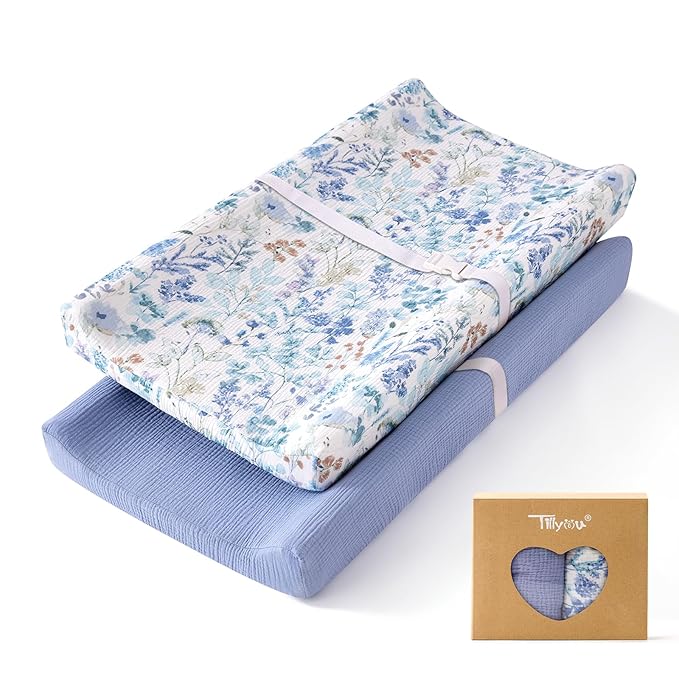 TILLYOU Muslin Changing Pad Cover for Baby Girls Boys, Soft and Breathable Cotton Diaper Changing Table Cover, 2 Pack(Blue Flower)
